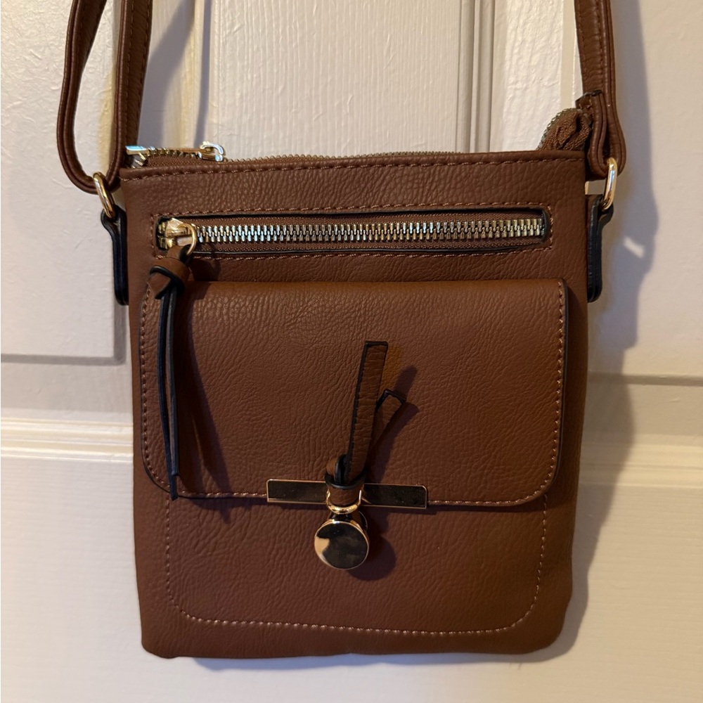 Emperia Faux Brown Leather Crossbody Bag with Gold Accents